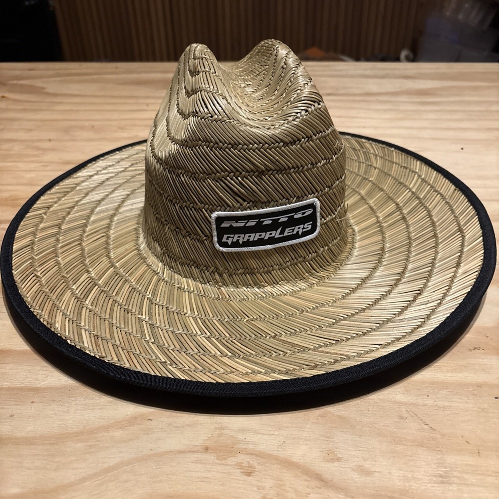 RARE NITTO GRAPPLERS Straw Hat Tan Fedora Graphic Print Bill OSFM